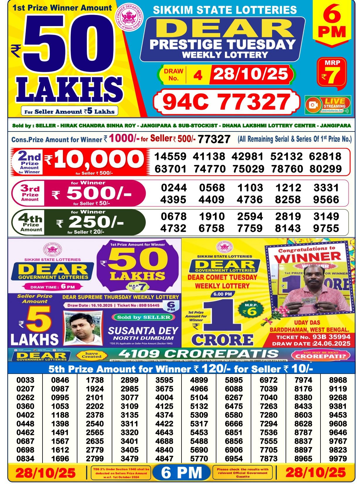 Sikkim State Lotteries Dear Prestige Tuesday 28/10/2025 – 6:00 PM